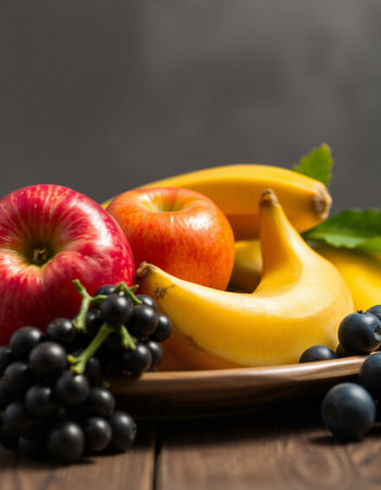 Fresh fruits on wooden table. Healthy eating concept. Selective focus.の写真素材