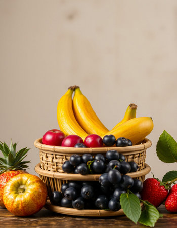 Fresh fruits in a basket on wooden table. Healthy food concept.の写真素材