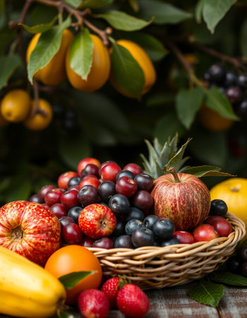 Fruits and berries in a basket on a wooden table. Healthy food.の写真素材