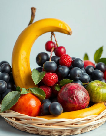 Fruits in a basket on a blue background. Healthy food.の写真素材