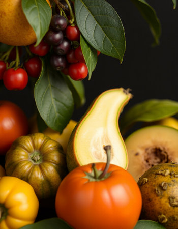 Fresh fruits and vegetables on a black background, close-up.の写真素材