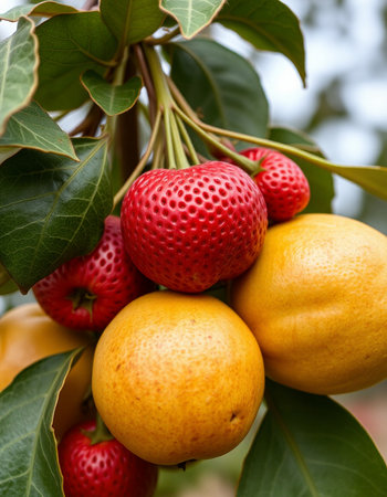 Strawberries and lemons on the tree in the garden.の写真素材
