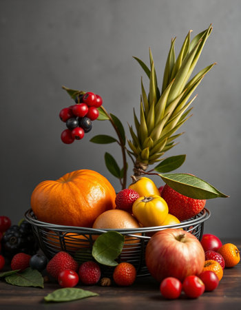 Fresh fruits and berries in basket on wooden table, selective focus.の写真素材