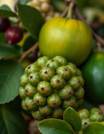 Close up of fresh green fruits on the branch with blurred backgroundの写真素材