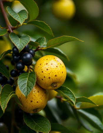 Ripe pears on the branches of a tree in the gardenの写真素材