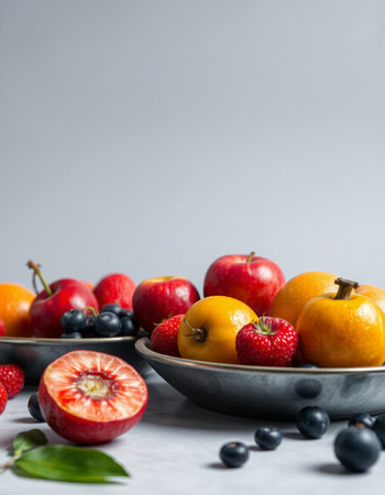 Fruits and berries in a metal bowl on a light background.の写真素材