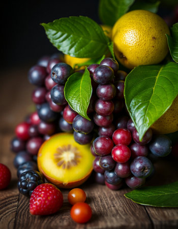 Still life with fresh fruits on wooden background. Selective focus.の写真素材