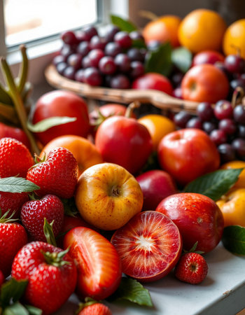 Variety of fruits in a basket on the windowsill, selective focusの写真素材