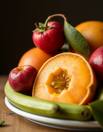 Fruits on a wooden table, selective focus, shallow DOF.の写真素材