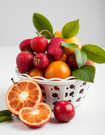 Variety of fresh fruits in a basket on a white background.の写真素材