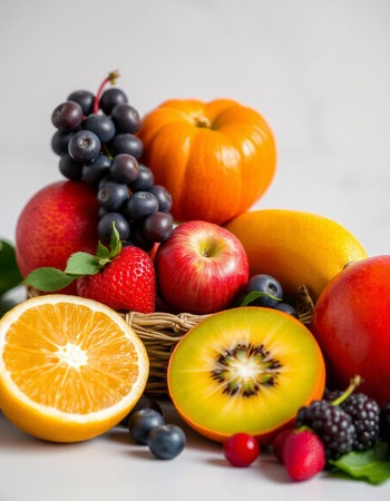 Fresh fruits and berries on a white background. Selective focus.の写真素材