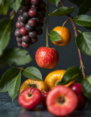 Fruits and berries on a dark background. Close-up.の写真素材