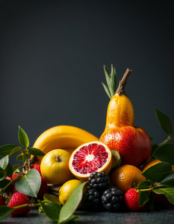 Fruits and berries on a dark background. Selective focus.の写真素材