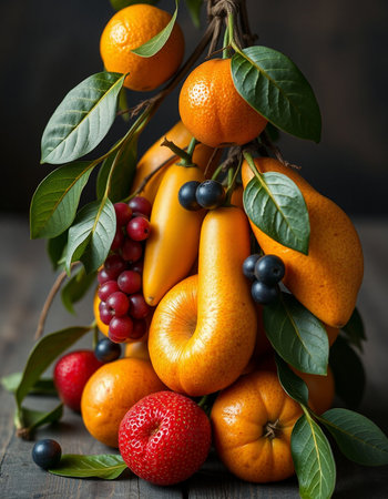 Fruit arrangement on rustic wooden background, selective focus, verticalの写真素材