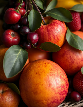 Fresh fruits and vegetables in a basket. Healthy food. Selective focus.の写真素材