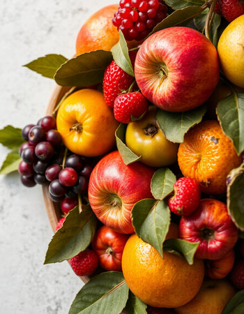 Variety of fresh fruit including apples, raspberries, pears, oranges, grapefruits, pears