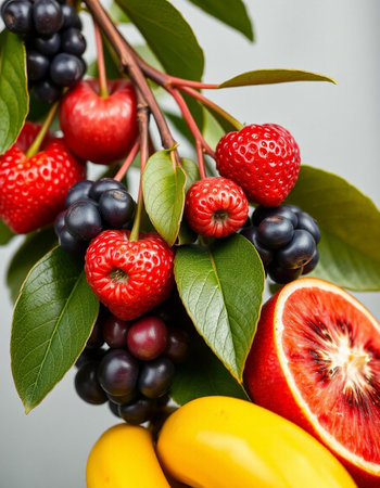 Fruits and berries on a gray background. Close-up.