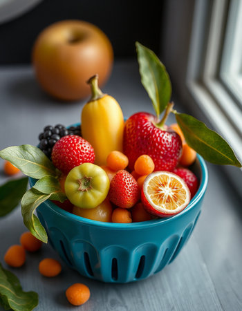 Mix of fresh fruits in a blue bowl. Selective focus.の写真素材