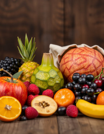Fruits and berries in a bag on a wooden background. Healthy food.の写真素材