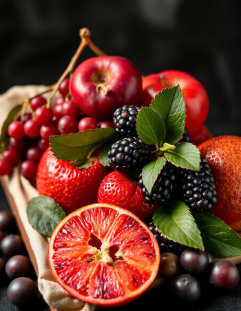 Fresh fruits and berries on a black background. Healthy food concept.の写真素材