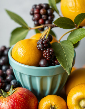 Fresh fruits in a bowl on a gray background, selective focus.の写真素材