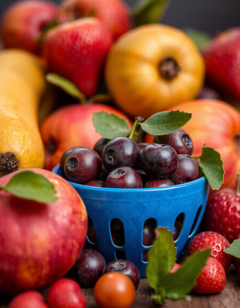 Fruits and berries in a basket on a wooden background. Selective focus.の写真素材