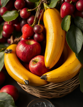 Fresh fruits in a basket on a dark background. Healthy food.の写真素材