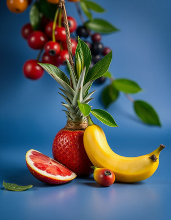 Fruits on a blue background. Banana, strawberry, currant, cherry, strawberryの写真素材