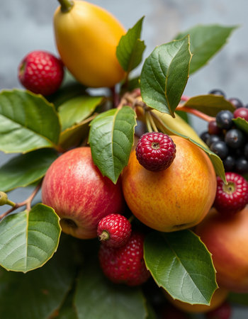 Still life with fresh fruits and berries on grey background. Selective focus