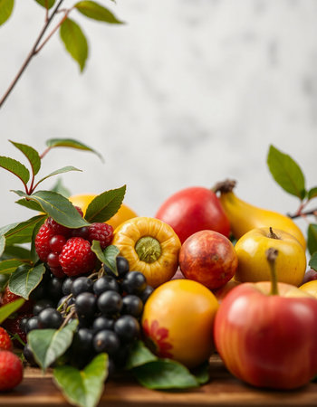 Fresh fruits and berries on wooden table. Selective focus. Food backgroundの写真素材