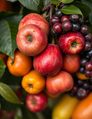 Fruits and vegetables on the tree in the garden. Autumn harvestの写真素材