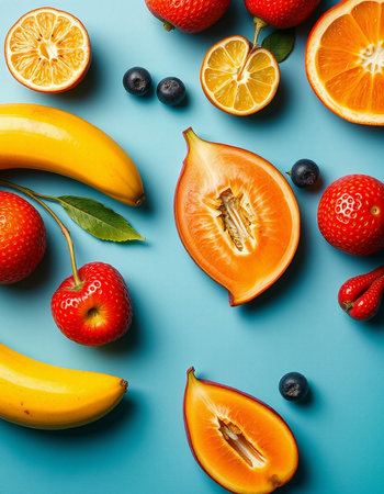 Fruit pattern with banana, orange, strawberry and blueberry on blue backgroundの写真素材