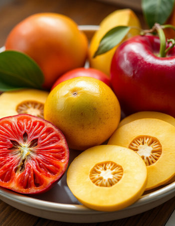 Close up view of a plate full of fresh fruits.の写真素材