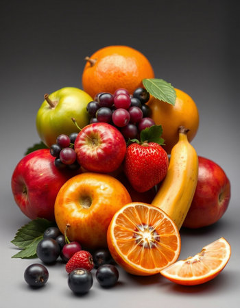 Composition of fresh fruits on grey background. Healthy food concept.の写真素材