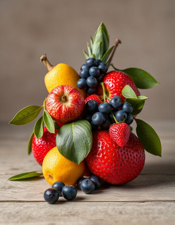 Fruit basket with strawberries, oranges, lemons and blueberries