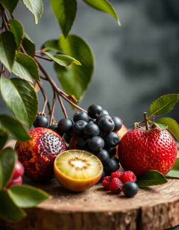 Fruits and berries on a wooden background. Berries and fruits.の写真素材