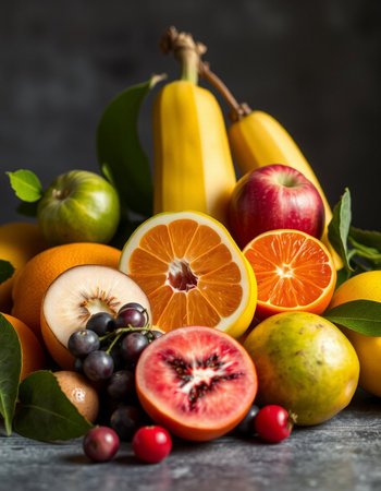 Variety of fresh fruits and vegetables on grey background. Healthy eating concept.の写真素材
