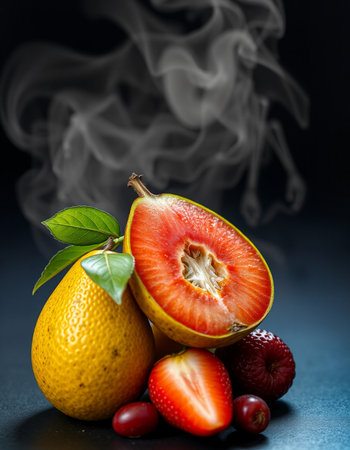Fruits with smoke on a black background. Healthy food concept.の写真素材
