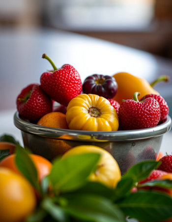 Fresh fruits in a metal bowl on a wooden table. Selective focus.の写真素材