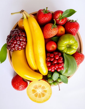 Fruits and vegetables in a wooden bowl on a white background.の写真素材