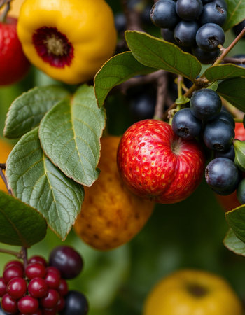 Close up of wild berries and fruits on a branch in the gardenの写真素材
