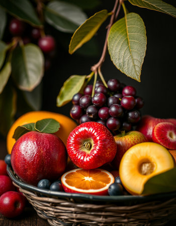 Fresh fruits in a basket on a wooden table. Dark background.の写真素材