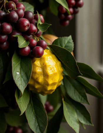 Ripe quince fruit and berries on a branch with green leavesの写真素材