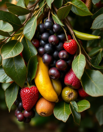 Fruits in a basket on a tree in the garden, selective focusの写真素材