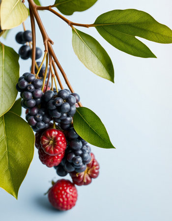 Blueberries and raspberries with leaves on a blue background.