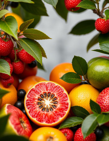 Fruits and berries on a grey background. Close-up.の写真素材