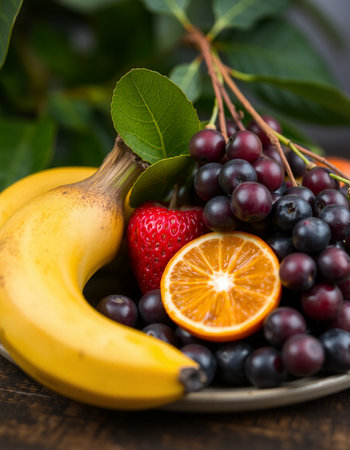 Fruits and berries in a plate on a dark wooden background.の写真素材