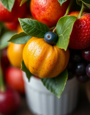 Fresh fruits in a vase on a wooden table, selective focusの写真素材