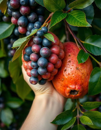 Ripe red pears on a branch in the hands of a farmerの写真素材