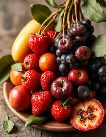Fresh fruits and berries on a wooden table. Selective focus.の写真素材